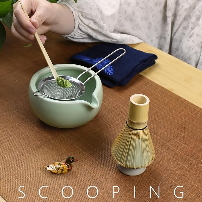 Artcome 7 Pcs Complete Matcha Ceremony Kit for Tea Ceremony, Bowl with Pouring Spout, Whisk, Tea Scoop, Matcha Powder Strainer, Matcha Tea Set For Making Usucha, Koicha and Matcha Latte (Green)