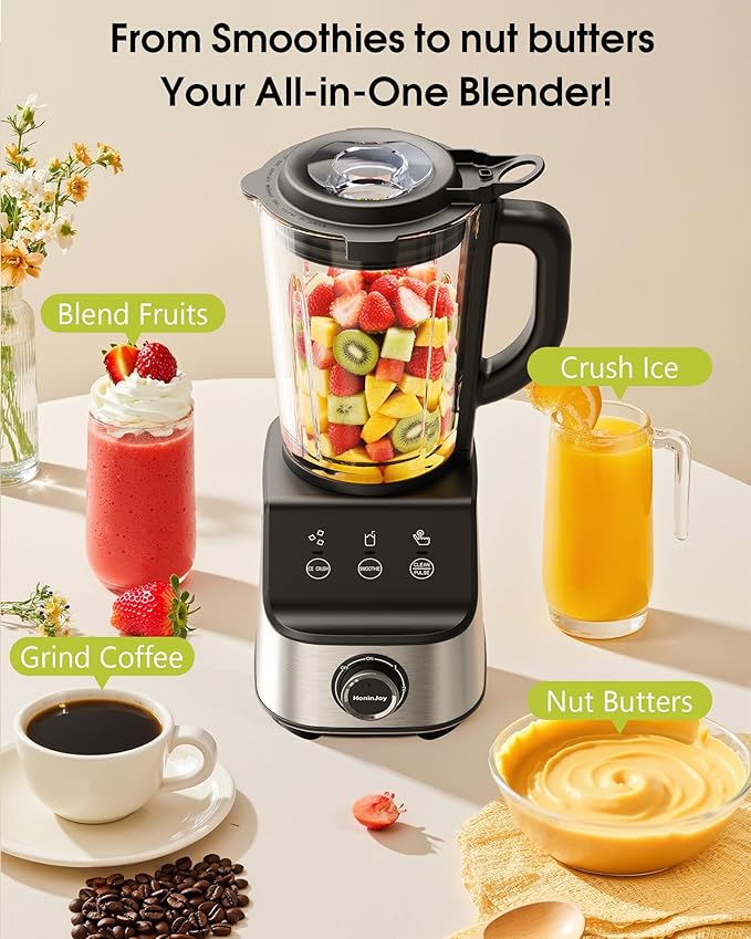 Countertop Blenders for Kitchen, 1400W Professional Blender for Smoothies, 3 Functions with 5 Speeds Smoothie Blender, with 51-oz Glass Jar, Grinder & Portable Cup Combo, Self-Cleaning