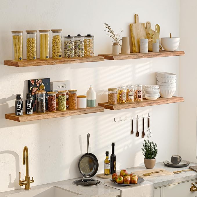 Fun Memories Floating Shelves for Wall Set of 2, Rustic Solid Elm Wood Live Edge Wall Shelves 32 Inch - Invisible Bracket Mount for Living Room, Bathroom, Bedroom, Kitchen, Natural