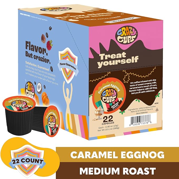 Crazy Cups Eggnog Flavored Coffee Pods, Limited Time Offer Holiday Blend Coffee, Single Serve Coffee for Keurig K Cups Machines, Medium Roast Coffee in Recyclable Pods, 22 Count