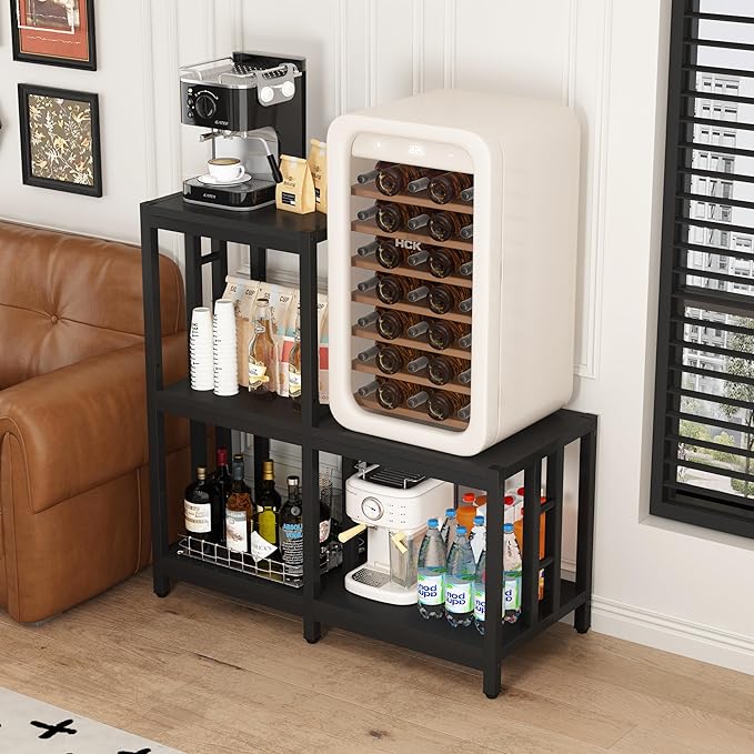 Mini Fridge Stand with Storage, Black Coffee Bar Cabinet with Mini Fridge Space, Microwave Stand and Bakers Rack for Kitchen, Dorm, Office, Home Beverage Station Organizer
