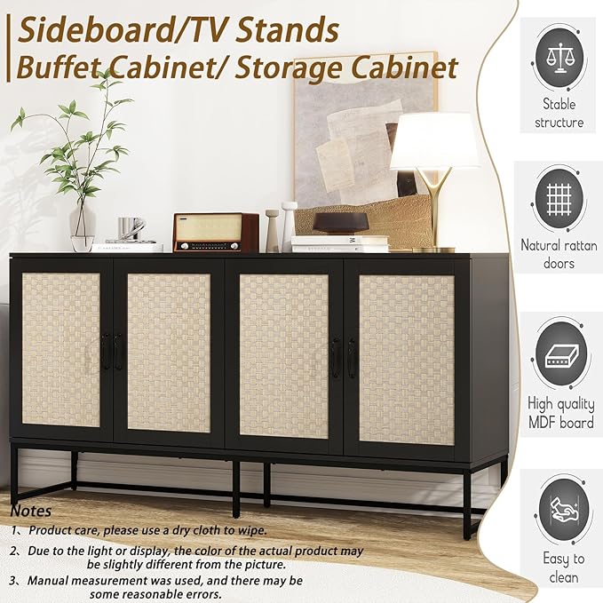 Kitchen Buffet Cabinet with 4 Rattan Decorated Doors, 59" Boho Cupboard with Metal Feet, Accent Buffet Console Storage Credenza for Living Room, Dining Room, Hallway, Office, Black