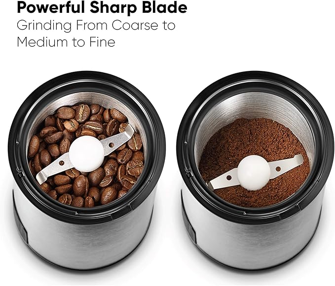 FSM Electric Coffee Grinder and Spice Mill with Safety Lock System – Rustproof Stainless Steel with Transparent Lid and Gripping Base – Grind Whole Beans, Seeds, Nuts, Herbs and Flaxseed -1.76 Oz.