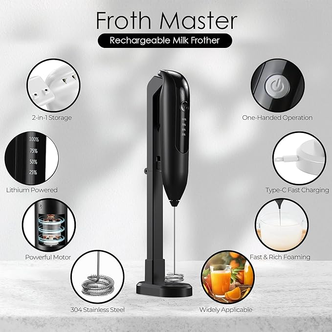 GOCHA | Electric Milk Frother Handheld - Rechargeable Coffee Frother with USB-C & 2 Speeds - Powerful RPM Latte Foam Maker for Cappuccino, Matcha, Hot Chocolate - Includes Stand & Whisk (Black)
