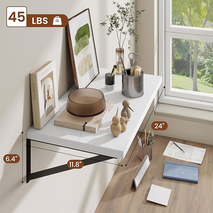 Deep Wall Shelves 24"W x 12"D Engineered Wood Floating Shelves for Wall, Sturdy Metal Bracket Bookshelves Home Decor Storage for Living Room Bedroom Bathroom Kitchen, Set of 2, White Finish