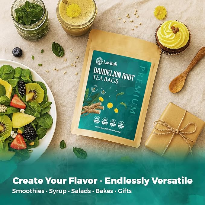 Lavitali, Dandelion Tea Bags | 120 bags, 100% Pure Herbal Tea | Caffeine-Free, Eco-Friendly Filter Bag | Daily Natural Botanical, Hot or Iced Herbal Infusion