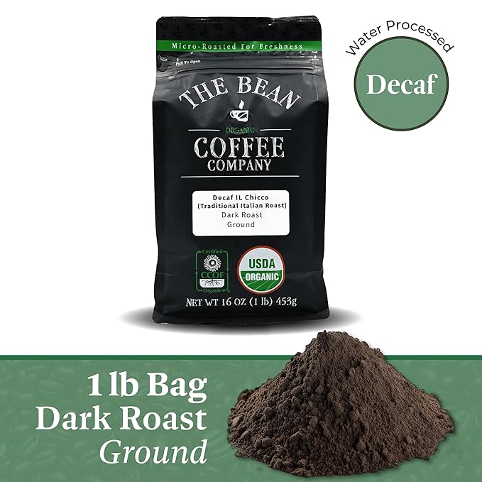 The Bean Organic Coffee Company Water Processed DECAF IL Chicco (Traditional Italian Roast), Dark Roast, Ground Coffee, 16-Ounce Bag, Café Molido Tostado Orgánico descafeinado