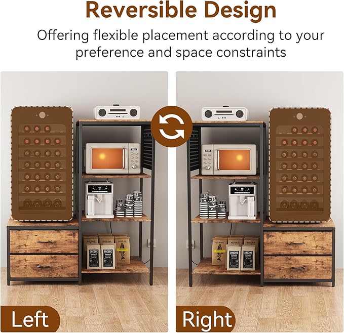 Mini Fridge Stand with Adjustable Shelf, Power Outlet & Storage, Kitchen Organizer for Microwave, Coffee Bar, Dorm, Office (Brown)