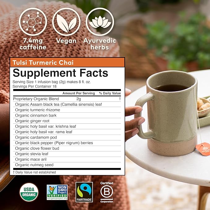 Organic India Tulsi Turmeric Chai Tea - Herbal Tea Bags with Caffeine, Ginger Root, Cinnamon, Holy Basil, Stress Relieving and Energizing, Immune Support, Helps Digestion - 18 Count, Pack of 6