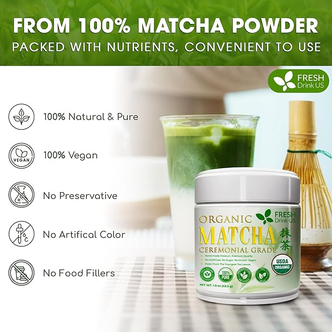 FreshDrinkUS, Organic 1.5 oz Luxury Ceremonial Grade Matcha | USDA - Premium Japanese Green Tea Powder | Stone-Ground Shade-Grown Leaves | Rich Umami Flavor, Vibrant Color & Smooth Finish