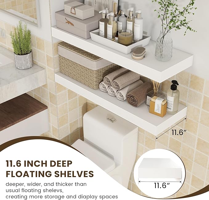 Deep Floating Shelves | 36 Inch White Floating Shelves Set of 2 | 12 Inch Deep Rustic Wood Shelves for Wall | 36" W x 12" D White Shelves for Living Room Bathroom Laundry Room Kitchen