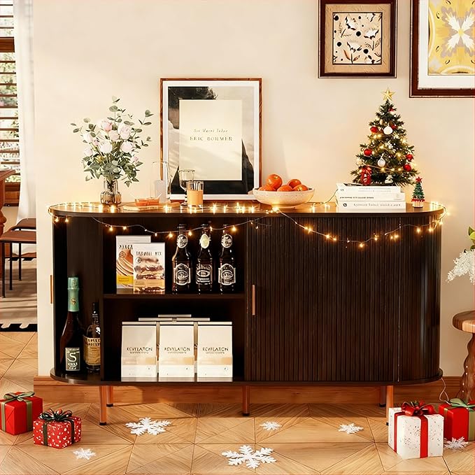 DHH Sideboard Buffet Cabinet with Storage,Mid Century Modern Fluted Accent Coffee Bar Console Table,Tambour Sliding Doors& Adjustable Shelf for Kitchen, Living Room, Entryway(Black, 55 Inch)