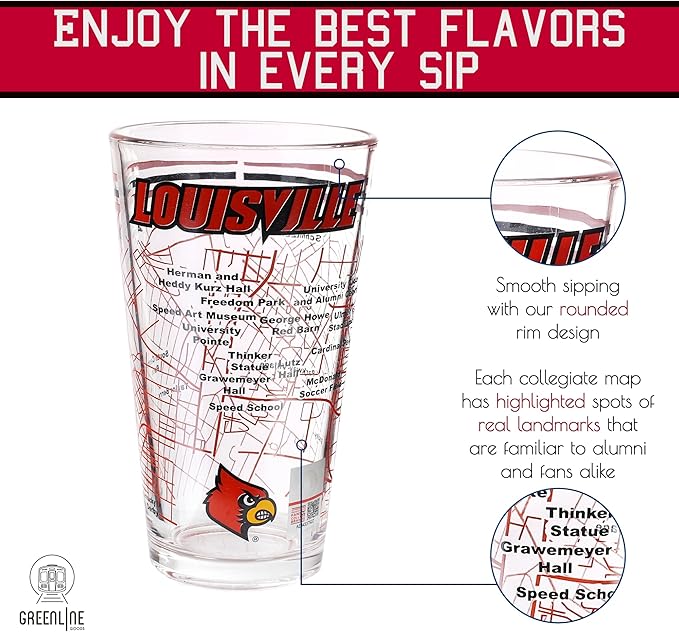 Greenline Goods – University of Louisville Cardinals College Pint Beer Glasses (Set of 2), 16 oz – Full-Color Logo + Campus Map