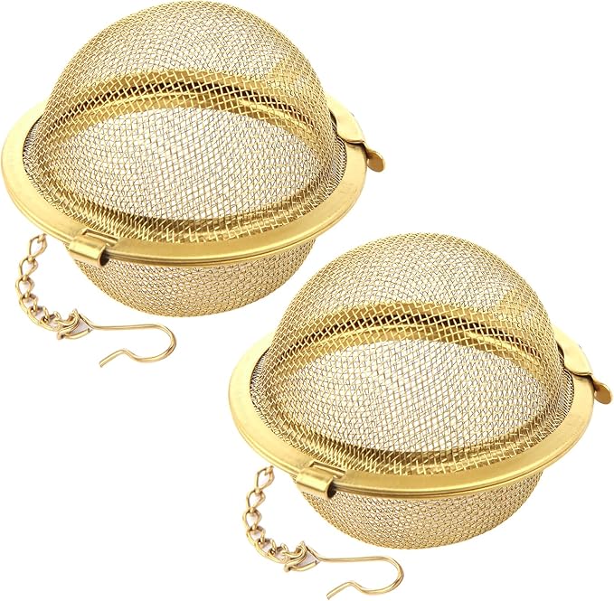 Tea Ball Infuser with Chain;; Premium Stainless Steel Fine Mesh Screen Tea Strainer Filters Colander Cullender Sieve Infusion Steeper Maker for Loose Leaf Tea Herbs, 2 Pieces, Golden