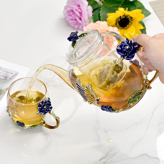 46oz/1300ml Enamel Glass Teapot With Rose Flower Butterfly And Gold Edge,Blue Rose Teapot With Infuser And Lid For Mom,Women,Mother,Birthday