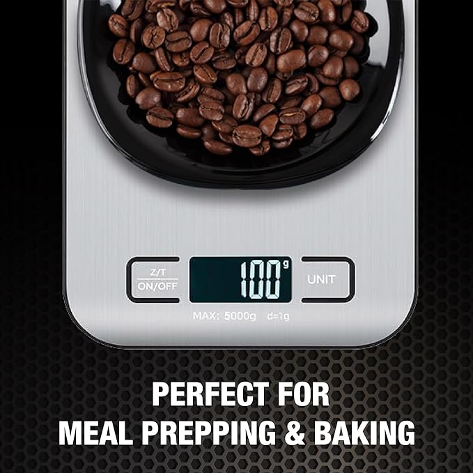 Digital Food Scale with 2 AAA Batteries Trnr-FDSCLE-SLV, Food Scale for Kitchen, Cooking Scale with Zero Tare Option, Kitchen Scale Weighs up to 11 Pounds, Measures in KG, G, LB, OZ, and ML