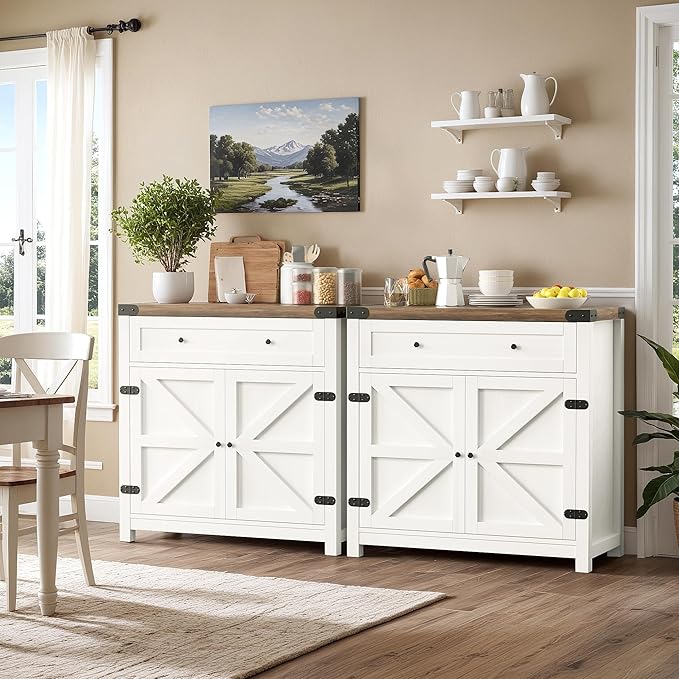 YESHOMY Coffee Bar and Accent Cabinet, Farmhouse Barn Door Buffet Sideboard with Drawer and Adjustable Shelf, Wide Desktop for Kitchen, Dining Room, Bathroom, Entryway, Rustic Brown & White