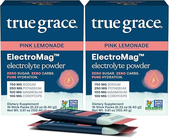 True Grace ElectroMag - 16 Stick Packs, Pack of 2 - Pink Lemonade - Electrolyte Powder for Rapid Hydration - Sodium, Potassium, Magnesium & Cordyceps - Zero Sugar & Carbs - Non-GMO - 32 Total Servings