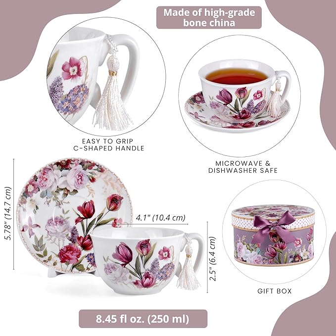 Tulip Bone China Cup 8.45 fl oz.(250ml) and Saucer 5.78"(14.7cm) Set in Gift Box