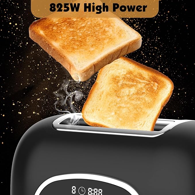 Digital 2-Slice Toaster with Touch Screen - 1.5'' Wide Slots, 6 Browning Levels, 6 Modes (Bagel/Waffle/Muffin) & 3 Functions (Defrost/Reheat/Cancel) + Countdown Timer, Matte Black Retro