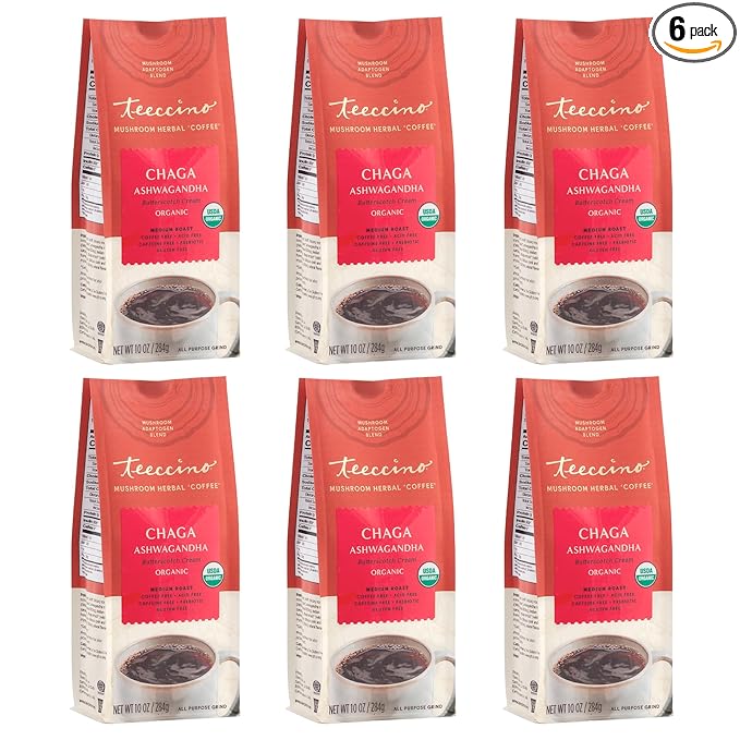 Teeccino Chaga Ashwagandha Coffee Alternative - Butterscotch Cream - Organic, Adaptogenic Herbal Mushroom Coffee, Medium Roast, Caffeine Free, Prebiotic, Acid Free, Gluten Free - 10 oz (Pack of 6)