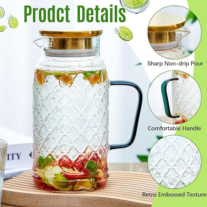 Hsei 2 Pack Glass Pitcher with Lid,68 Oz/2l Vintage Water Pitcher, Large Retro Clear Borosilicate Glass Water Carafe for Cold Brew, Lemonade, Iced Tea, Coffee, Beverage, Heat Resistant Jug