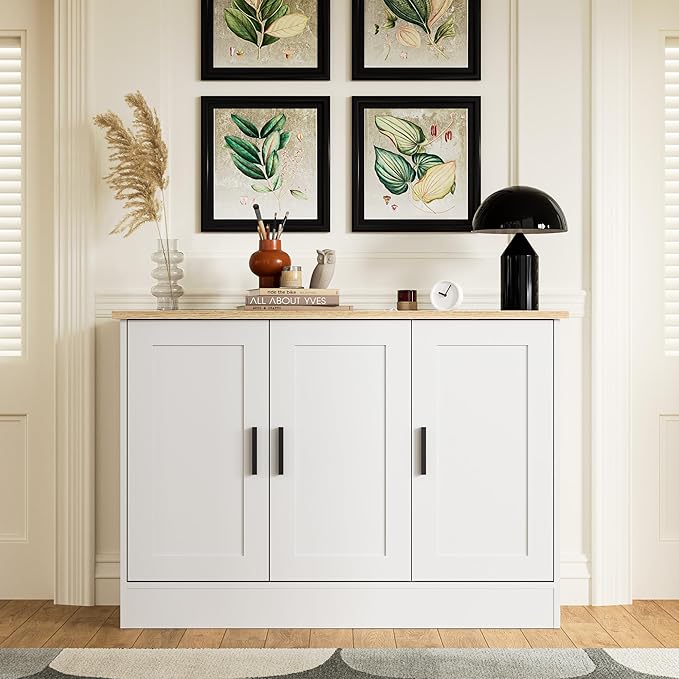 Anystyle 43" White Buffet Cabinet with Black Handles, Small Kitchen Sideboard with 3 Doors & Adjustable Shelves, Modern Entryway Credenza & TV Console Table for Living Room, Dining Room