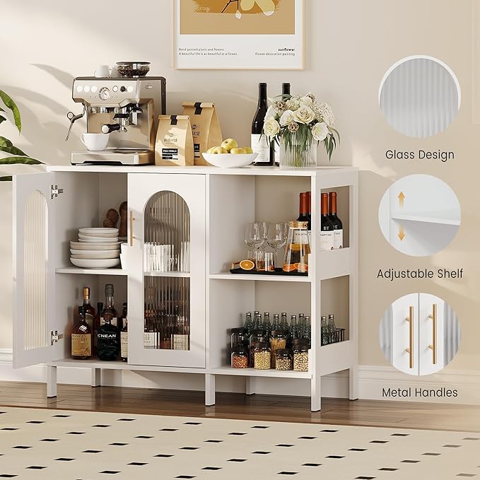 GarveeHome Glass Door Sideboard Cabinet, Modern Storage Buffet with Metal Handles & Adjustable Shelves, Solid Wood Frame Display Cabinet for Living Room, Dining Room, Kitchen, Entryway, White