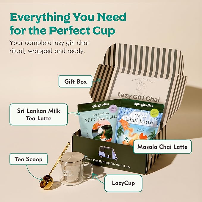 Lazy Girl Tea Kit – Chai Gift Set with Kola Goodies LazyCup Tumbler, Masala Chai & Milk Tea Blends – Loose Leaf Tea Latte Kit with Whole Milk – No Refined Sugar – Cozy Tea Gift Box