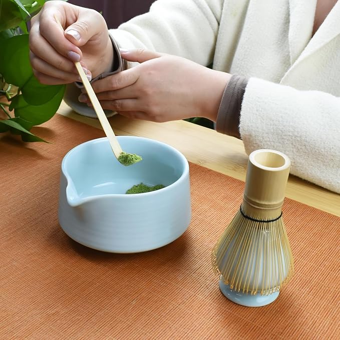Artcome Matcha Tool Set - Complete Kit with Matcha Bowl with Spout, Bamboo Whisk, Tea Scoop & Whisk Holder, Celadon Blue