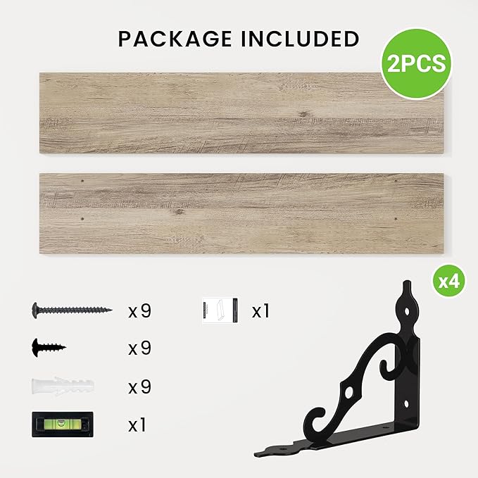 RICHFOCUS Floating Shelves for Wall Decor, 39.4W x 8D Shelves Set of 2, 8 Inch Deep Rustic Wood Shelves Wall Mounted with Brackets, Long Floating Shelves for Living Room Bedroom Kitchen, Grey