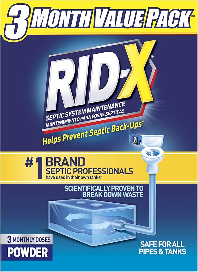 RID-X Septic Tank Treatment Powder – 3 Month Supply, Dual Action Enzymes and Bacteria to Break Down Waste & Prevent Backups