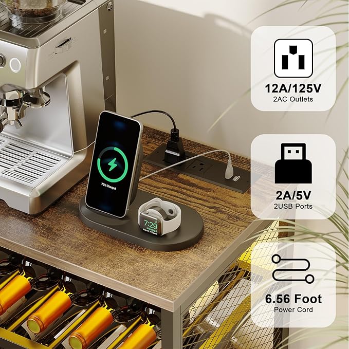Wine Bar Cabinet with USB Charging & RGB Lights, Modern Liquor & Coffee Bar Station with Adjustable Shelves, Glass Holder, for Kitchen, Living Room, Dining Room