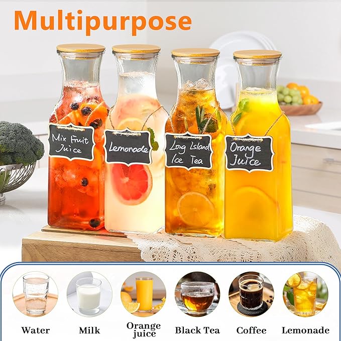 Set of 4 Square Glass Carafe, 1 Liter Beverage Serveware Carafe with Bamboo Lid, Water Bottles, Clear Glass Pitchers for Mimosa Bar, Milk, Juice, Lemonade(4 Bottles)