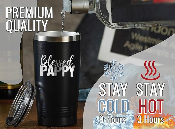 Onebttl Pappy Gifts, Grandpa Father's Day Gifts from Grandchildren, Laser Engraved Design, 20oz/590ml, Stainless Steel Tumbler with Straw & Lid, Black - Blessed PAPPY