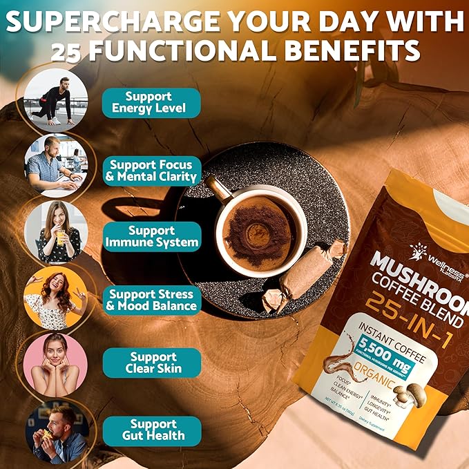 Mushroom Coffee Organic Instant Coffee, 25-in-1, Third-Party Tested Keto Friendly Lions Mane Supplement with Functional Mushrooms – Shiitake, Reishi, Lion’s Mane & More | Smooth, Rich Flavor - 90 Servings
