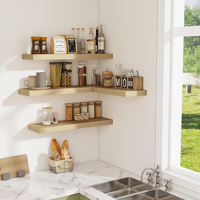 Fun Memories Floating Shelves - 2 Pack 30 Inch Long Rustic Wooden Wall Shelves - 8 Inch Deep Wall Mounted Storage Shelf with Invisible Heavy-Duty Brackets for Books, Bathroom, Kitchen - Oak
