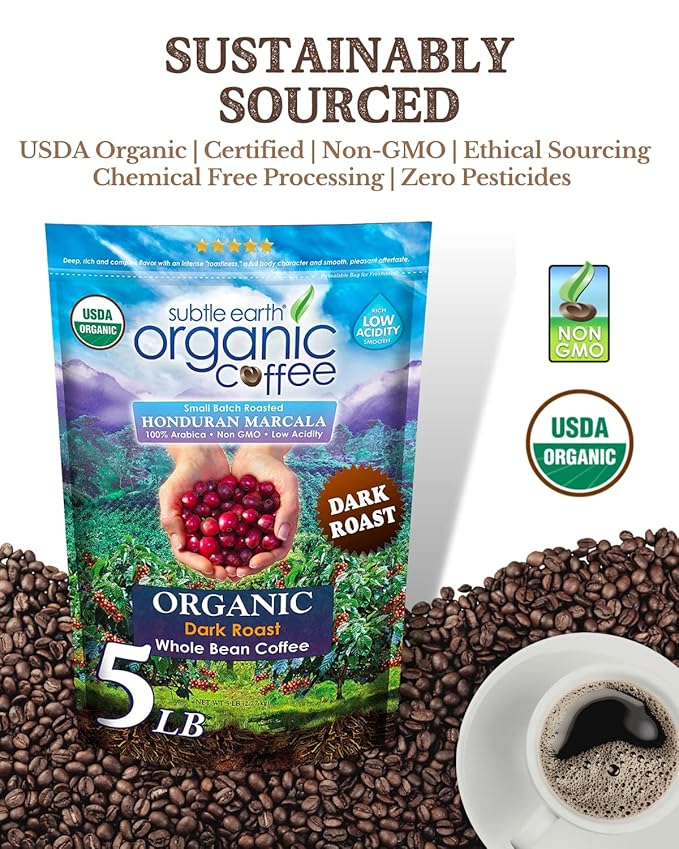 Subtle Earth Organic Coffee - Dark Roast - Whole Bean Coffee - 100% Arabica Beans - Low Acidity and Non-GMO - 5lb bag