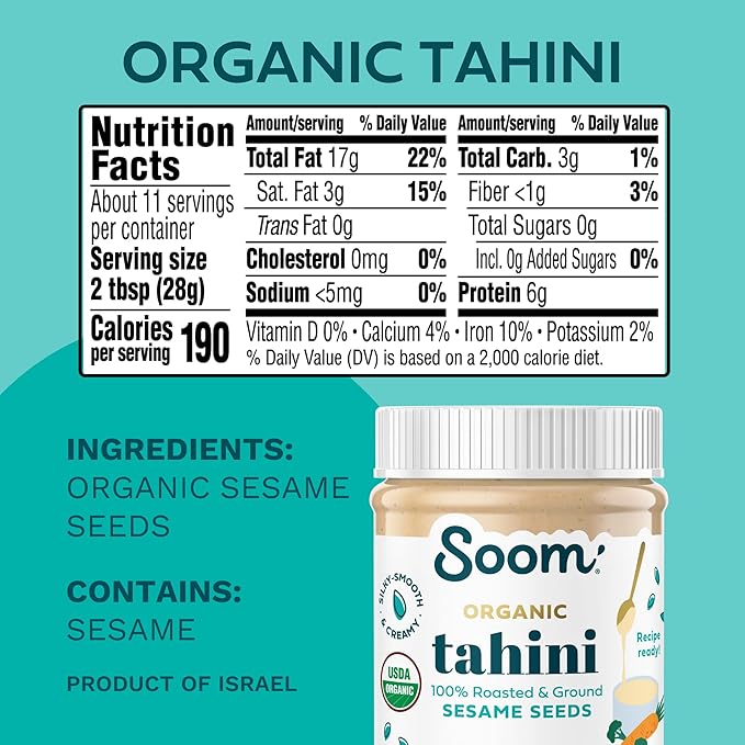 Soom Foods Organic Tahini 11oz (2 Pack) | Roasted & Ground Sesame Seed Paste | Creamy Tahini for Dubai Chocolate, Hummus, Sauces | Vegan, Nut-Free, Gluten-Free, Kosher, Keto, Paleo, Whole30