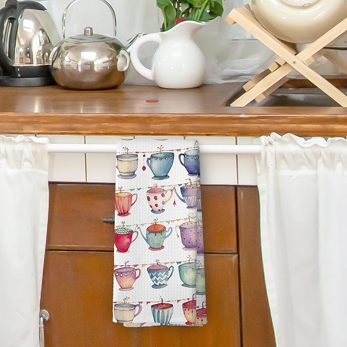 Colorful Teacups Kitchen Dish Towels, Tea Lovers Gifts for Women Girls, Tea Time Watercolor Coffee Mugs Cups Hand Towels Kitchen Tea Towels Decorations, 16x24inch