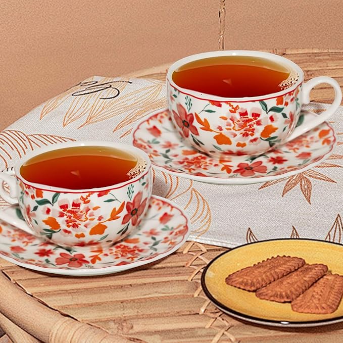 Cups and Saucers Coffee Tea Cups Set of 2 (7.4 oz/ 220ml) Ceramic Cup Espresso Mug Floral Porcelain Vintage Flower Pattern for Gifts, Gatherings, Receptions,Breakfast, Home
