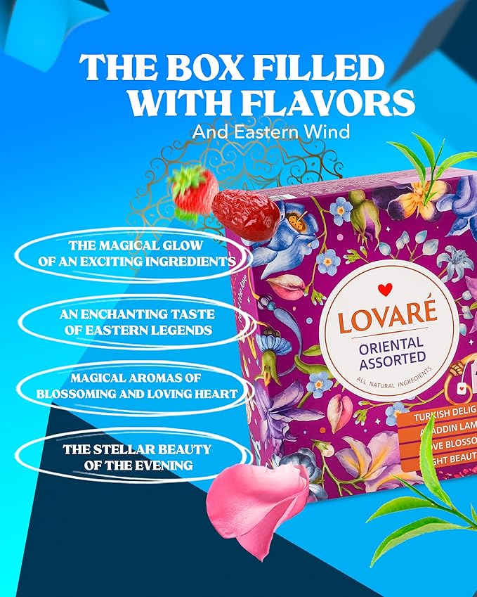 LOVARE Oriental Assorted Tea Variety Pack 32 Pack - Black tea blend, Made in Ukraine - Tea Bags Individually Wrapped - Turkish Delight, Aladdin Lamp, Love Blossom, Night Beautea - Assorted Tea Bags Variety Pack