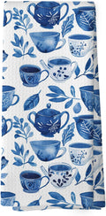 Chinoiserie Spring Floral Teacups Kitchen Dish Towels, Retro Blue and White Tea Lover Gifts for Women, Flower Coffee Cups Teapots Decor， Hand Towels Kitchen Tea Towels Decorations, 16x24inch