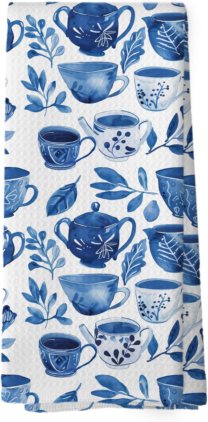 Chinoiserie Spring Floral Teacups Kitchen Dish Towels, Retro Blue and White Tea Lover Gifts for Women, Flower Coffee Cups Teapots Decor， Hand Towels Kitchen Tea Towels Decorations, 16x24inch