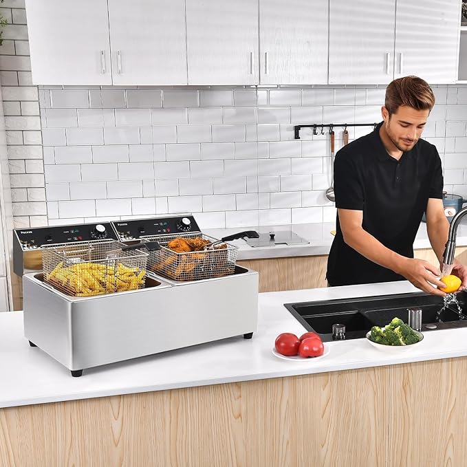 Commercial Deep Fryer with Basket, 3400w 19.7Qt Oil Tank/ 8.9Qt Basket x 2, 0.6mm Thickened Stainless Steel Countertop Electric Fryer for Home Use, Oil Fryer with Double Overheat Protection