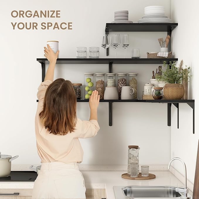 Fun Memories Floating Shelves for Wall, 12 Inch Deep Floating Shelves Set of 2, Wall Mounted Shelf with Metal Brackets, Rustic Wood Wide Shelf for Bathroom, Kitchen and Living Room, Black, 32W x 12D