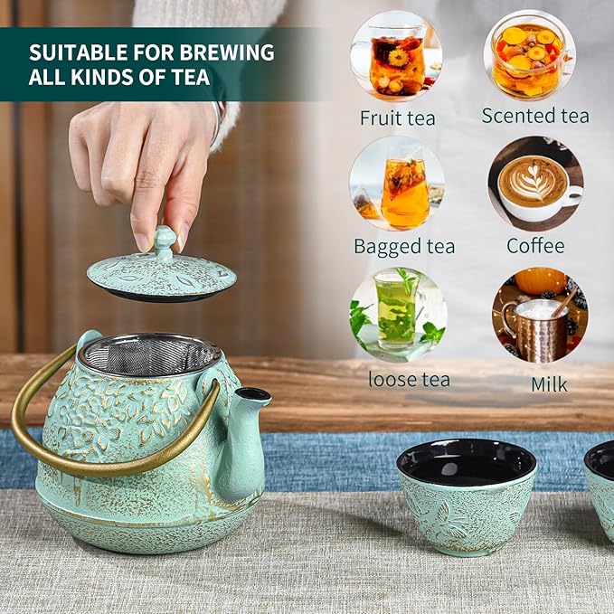 Sungmor Cast Iron Japanese Tetsubin Tea Kettle with Infuser - Stovetop Safe, Enameled Interior - 32 Ounce Light Green Teapot with Salix Leaf Pattern