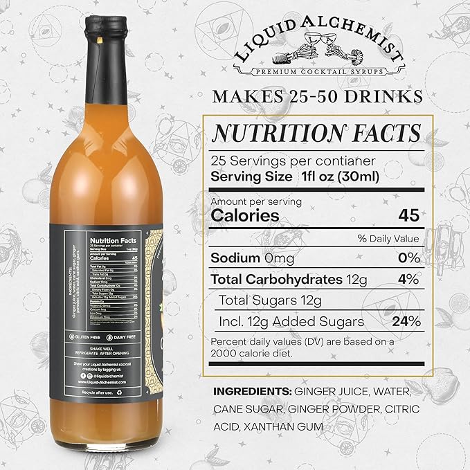 Liquid Alchemist Ginger Syrup for Cocktails - Real Ingredients Make our Liquid Ginger Puree for Cocktails the Perfect Moscow Mule Syrup - Our Non-GMO Vegan Drink Mixer Lasts Up to 2 Years (25.4 oz)