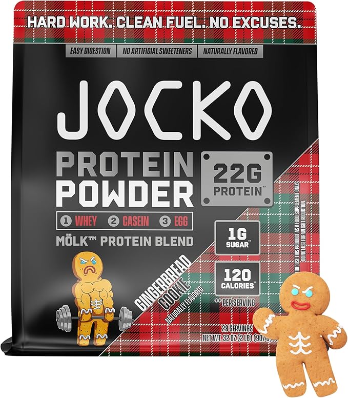 Jocko Mölk Whey Protein Powder - Keto, Probiotics, Grass Fed, Digestive Enzymes, Amino Acids, Low Sugar Monk Fruit Blend - Muscle Recovery & Growth (31 Servings (Pack of 1), Gingerbread Cookie)