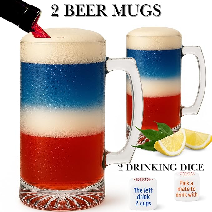 4 Piece Set Large Glass Beer Mugs Freezer Safe, 2 Pack Heavy Beer Steins with Handle, 16 oz (2 Drinking Dice + 2 Beer Mugs Set)